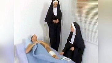 Sinful nuns taking care of injured man but hard boner distracted them