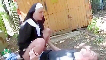 Naughty sinful nun provides assistance to homeless and drinks cum from used condoms