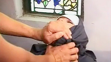 Unfortunate sinful nun gets mercilessly anal gangbanged in the church by gunmans