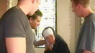 Unfortunate sinful nun gets mercilessly anal gangbanged in the church by gunmans