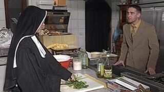 Sinful nun gets anal fucked in kitchen church with immodest priest