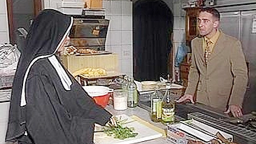 Sinful nun gets anal fucked in kitchen church with immodest priest