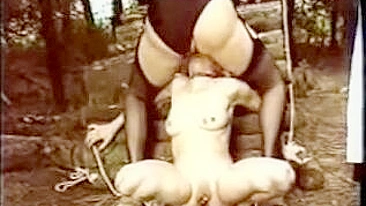 Daughter never licked snatch before so moms teach her in the woods