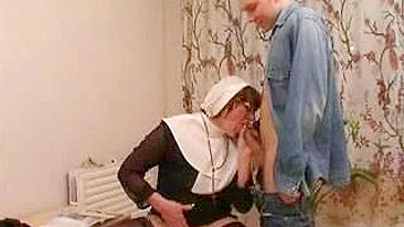 Well-hung sons sneak into holes of their mom wearing the nun clothes