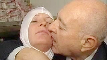 Sinful nun gets used by rich old bald guy for donate on monastery