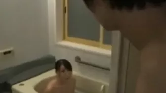 Son drills mouth of his surprised Asian mom with big tits in bathroom