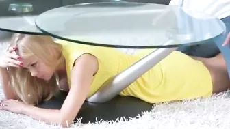 Blonde mom decides to be drilled by son as she is stuck under table