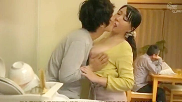 Asian mom enjoy cock of son between her natural boobies and lips