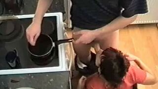 Russian-speaking mom wants quick sex with her own son in the kitchen