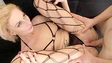 Tattooed mom in lingerie and stockings is fucked by son like a skank