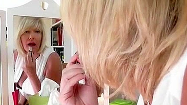 Mature blonde mom puts on makeup and lures stepson into taboo sex