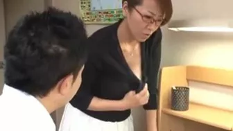 Nerdy Japanese mom with big tits gives her student amazing blowjob