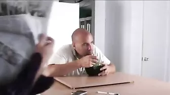 Bald stud sneakily and passionately fucks classy mom in kitchen