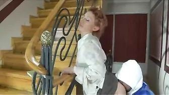 Svelte red-haired mom analyzed by her naughty stepson near stairs