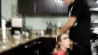 Blonde mom with glasses sneakily banged by stepson in the kitchen