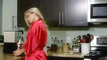 Blonde mom with glasses sneakily banged by stepson in the kitchen