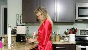 Blonde mom with glasses sneakily banged by stepson in the kitchen