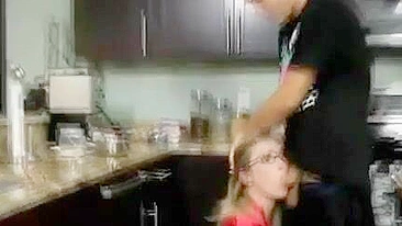 Blonde mom with glasses sneakily banged by stepson in the kitchen