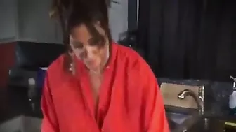 Hot mom with big melons enjoys quickie with new stepson in kitchen Hot mom with big melons enjoys quickie with new stepson in kitchen