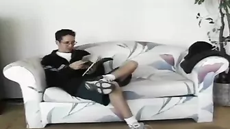 Blonde mom catches nerdy stepson jerking off and helps him reach orgasm