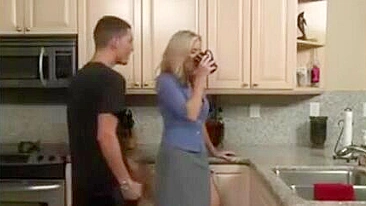 Conflict between blonde mom and stepson ends with quickie in kitchen