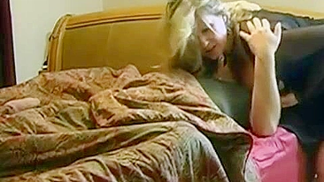 Hungry and curvy mom in sexy outfit sucks and rides son's dick on bed