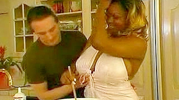 Naughty Ebony mom with jugs nailed by horny white son in kitchen