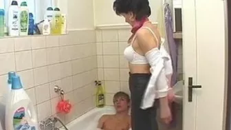 Slim brunette mom banged by stepson after washing his dick in bath Slim brunette mom banged by stepson after washing his dick in bath