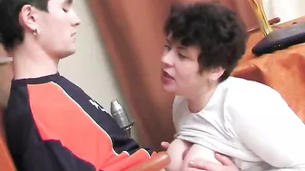 Attractive BBW mom catches stepson jerking off to porn and helps him