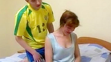 After soccer stepson fucks and facializes beautiful mother on bed