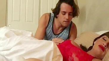 Boy accidentally wakes up mom who hungrily starts sucking his rod