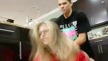 Nerdy blonde mom enjoys spontaneous encounter with stepson in kitchen