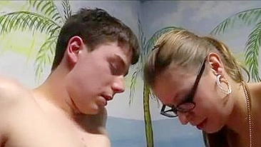Bespectacled mom in stockings is banged by stepson in the XXX video
