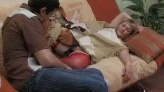 XXX adventure of mom in red stockings and boy who finds her sleeping