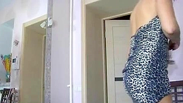 Mom in leopard dress and white stockings is fucked by XXX hung boy
