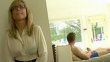Cock enters muff of mom in stockings who catches stepson with XXX boner