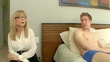 Cock enters muff of mom in stockings who catches stepson with XXX boner