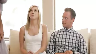 Blonde has XXX sex with young man and her mom on the living room couch