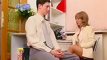 XXX porn of young man who fucks Russian mom with saggy boobs in office