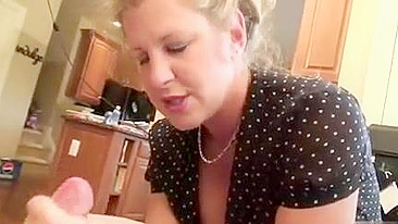 Stunning mom in polka-dot dress lures stepson into XXX sex in kitchen