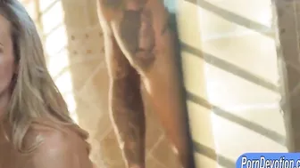 Busty mom makes XXX things with her tattooed stepson in the bathroom