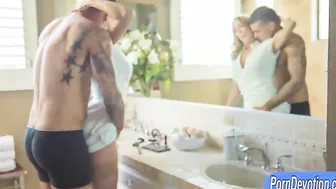 Busty mom makes XXX things with her tattooed stepson in the bathroom