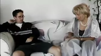 Naughty guy lures his blonde mom in lingerie into a crazy XXX twosome