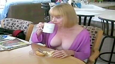Guy comes to kitchen for XXX fucking and does it with his busty mom