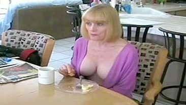 Guy comes to kitchen for XXX fucking and does it with his busty mom