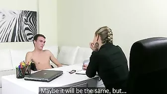 Man has sex with pretty XXX slut in stockings as part of job interview