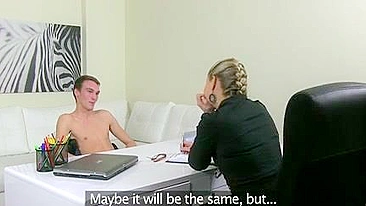 Man has sex with pretty XXX slut in stockings as part of job interview