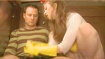 Cute mom obtains sperm on yellow gloves after an awesome XXX handjob