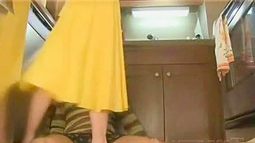Cute mom obtains sperm on yellow gloves after an awesome XXX handjob