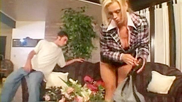 Tanned blonde mom with round breasts fools around with XXX horny boy